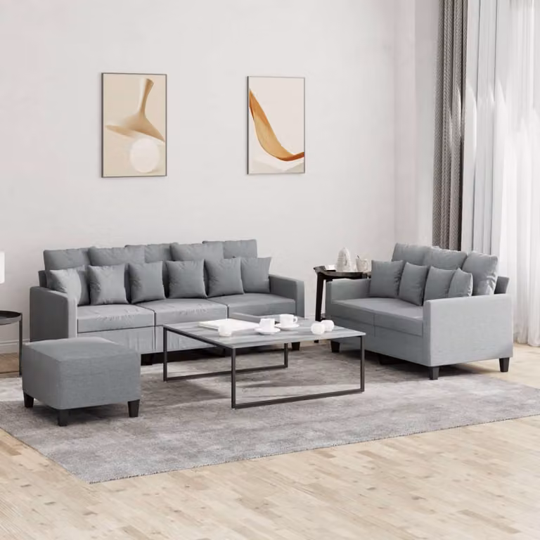 vidaXL Set di Divani 3 pz Moderno in Tessuto Grigio con Cuscini e Pouf
