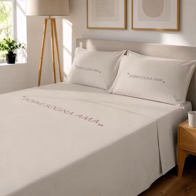Completo letto matrimoniale KASANOVA in cotone beige con stampa Quotes 160x200 cm