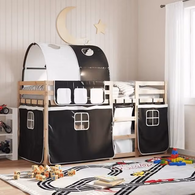 vidaXL Letto a Castello per Bambini in Legno di Pino Bianco e Nero L/P/H: 205.5 x 90 x 112 cm
