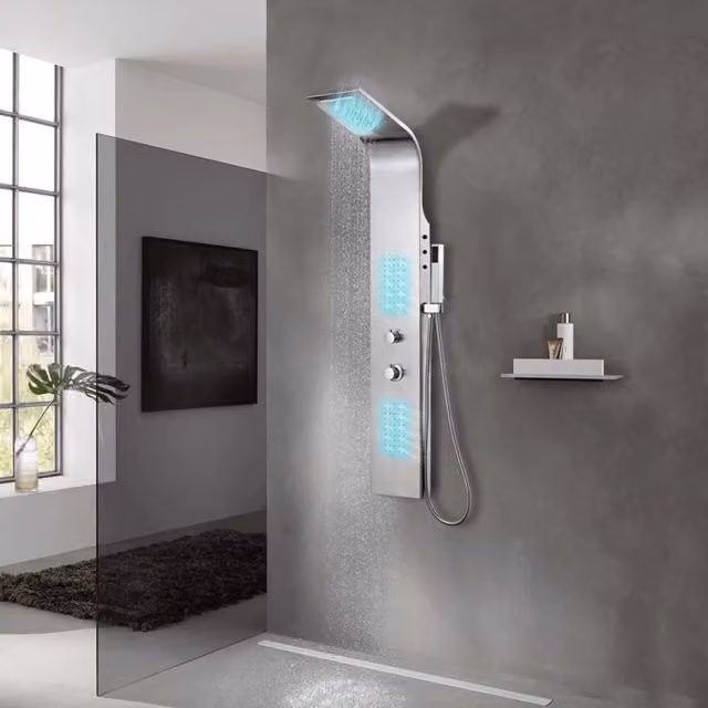 Pannello Doccia Curvo vidaXL in Acciaio Inossidabile Spazzolato Argento con Doccino a Mano e Termostato, Funzioni Rain e Massage, H: 130 cm, L: 44 cm, P: 20 cm