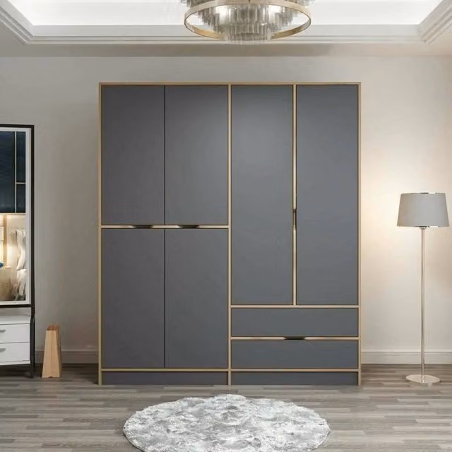 Armadio da camera da letto Odalys DMORA con ante a battente e cassetti interni, Nero e Marrone, L: 185 cm, H: 208 cm