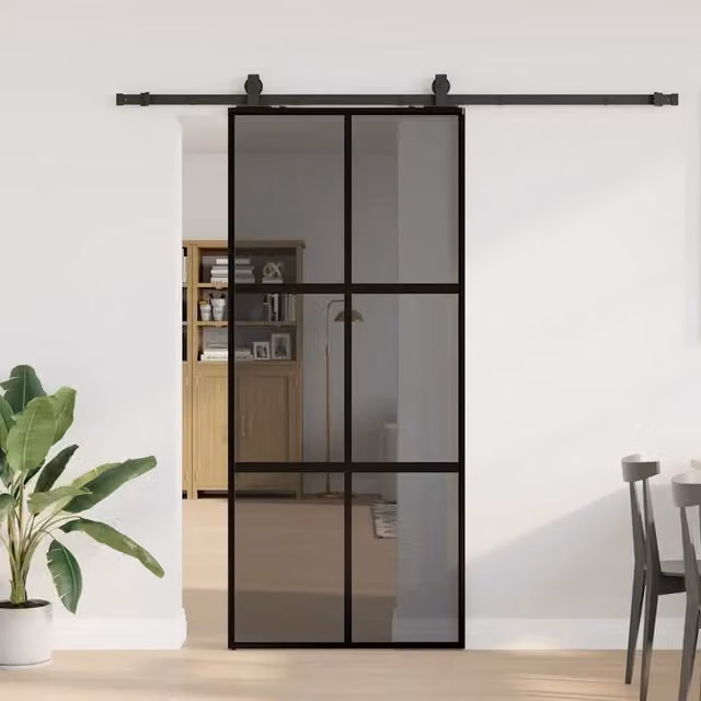 Porta Scorrevole Gogarden in Vetro Temperato Trasparente e Alluminio con Ferramenta Nera L: 90 cm, H: 205 cm