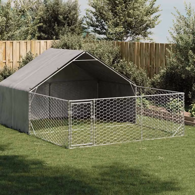 Cuccia per cani da esterno con recinto vidaXL in acciaio zincato grigio L: 4 m, P: 3 m, H: 1,9 m