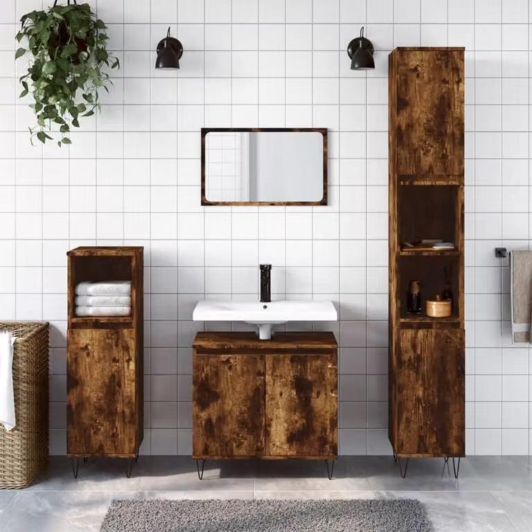 Set di mobili da bagno moderno vidaXL in legno e metallo color rovere fumo, composto da 3 pezzi con armadietto alto e mobile sottolavabo, L/P/H: 60 x 33 x 58 cm
