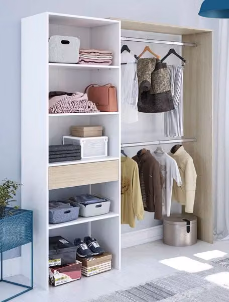 Armadio guardaroba moderno Hobby Shop Solution in rovere chiaro e bianco con ripiani e appendiabiti L: 158 cm, P: 40 cm, H: 187 cm