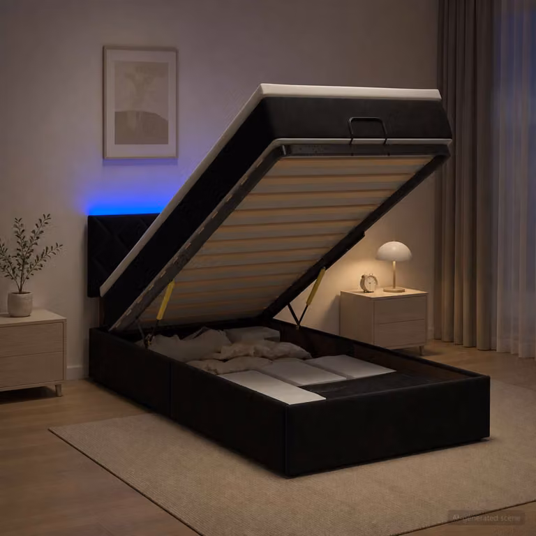 Letto Ottomano vidaXL con Materasso Ibrido e LED in Velluto Nero, L/P/H: 90 x 200 x 88 cm