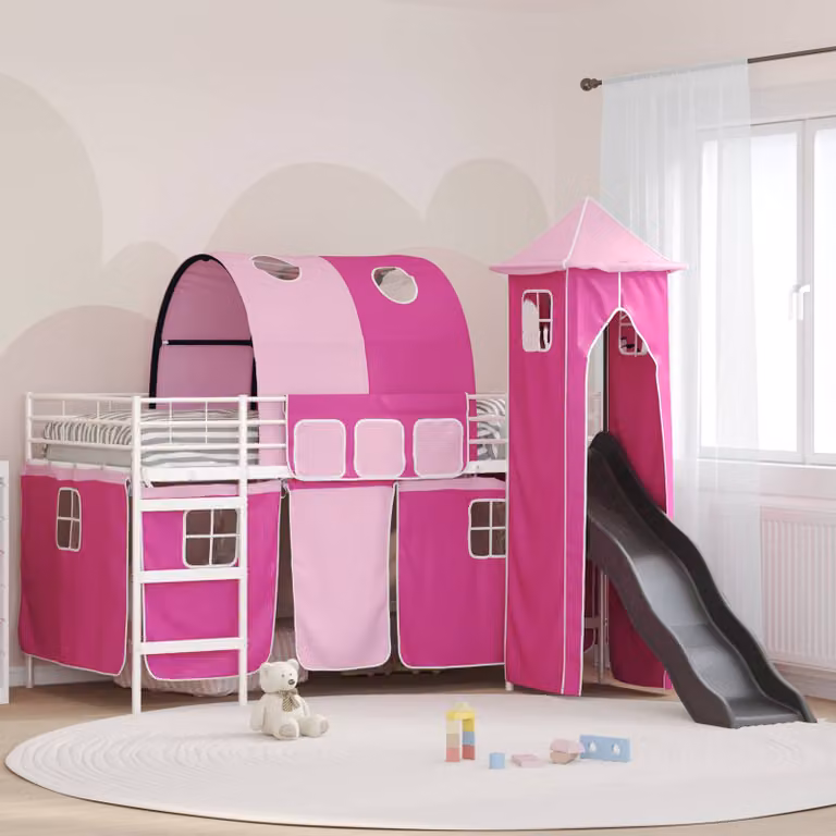 Letto a castello per bambini vidaXL in metallo con struttura a casetta, Bianco, Rosa, Blu o Nero, L/P/H: 200 x 80 x 205 cm