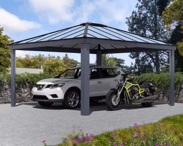 Carport doppio moderno CANOPIA in alluminio e policarbonato grigio con tetto a capanna