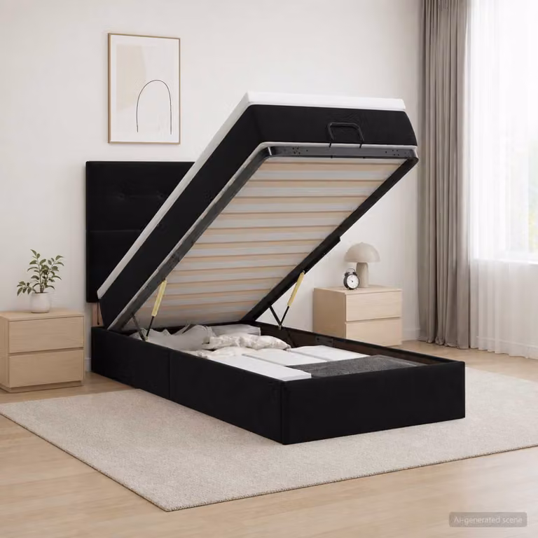Letto ottomano con materasso vidaXL in velluto nero, L/P/H: 200 x 80 x 128 cm