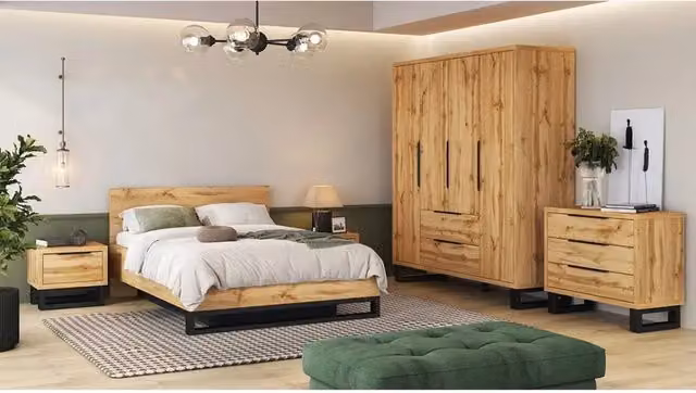 Camera da letto completa industriale MEUBLORAMA MILOS in rovere e nero con armadio, letto contenitore 180x200 cm, cassettiera e comodini