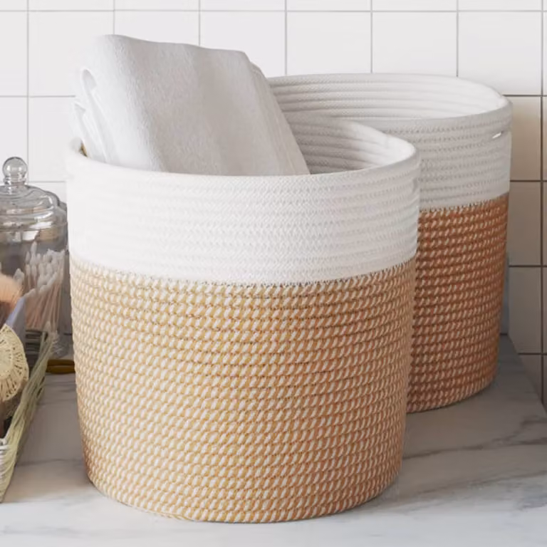 Set di 2 cestini portaoggetti vidaXL in tessuto multicolore marrone e bianco con maniglie, Ø 28 cm
