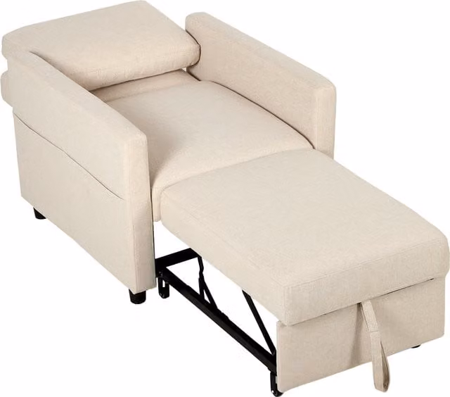 Poltrona Letto 3 in 1 HOMCOM in Tessuto Effetto Lino con Schienale Regolabile, Bianco Crema