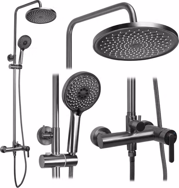 Set Doccia Rea Ontario Titan con Soffione Rain e Doccino, Installazione Esterna, Colore Antracite e Ottone Spazzolato