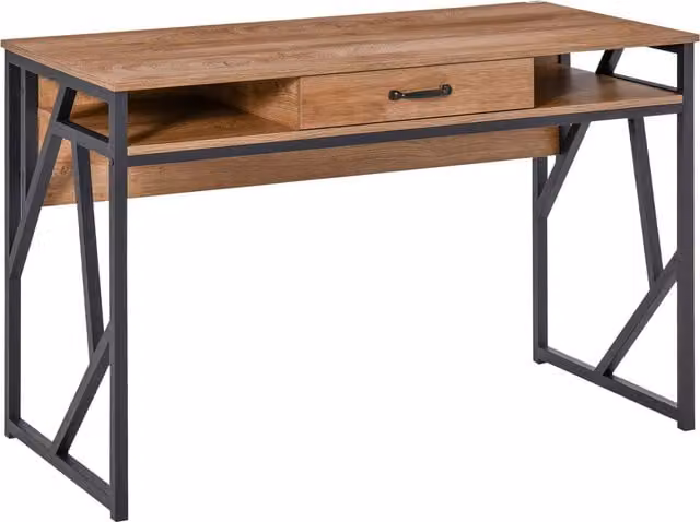 Scrivania Moderna HOMCOM in Metallo e MDF Stile Industriale con Mensole e Cassetto, L/P/H: 120 x 60 x 76 cm, Nero Marrone