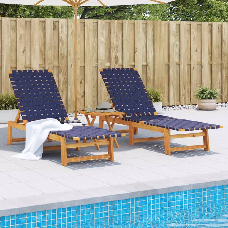 Set di 2 lettini da giardino con tavolino vidaXL in legno di acacia oliato, colore blu e marrone, con poggiatesta regolabile