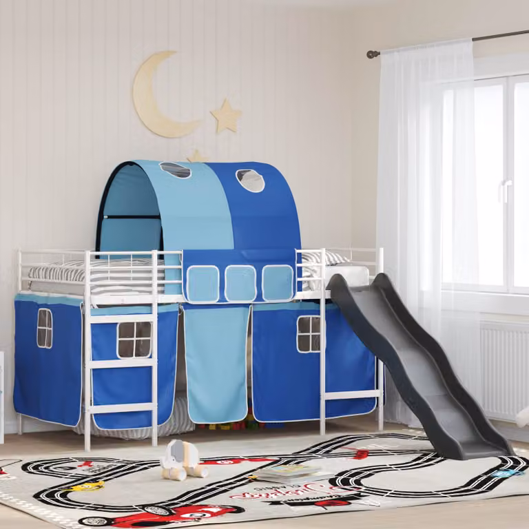 vidaXL Letto a castello per bambini con struttura a casetta e scala, Bianco e Blu, L 200 x P 90 x H 195 cm