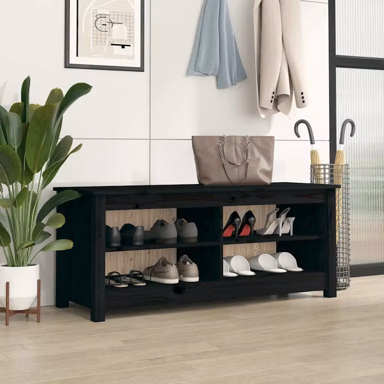 Scarpiera vidaXL in legno di pino massello nera stile rustico L 110 cm x P 38 cm x H 45,5 cm