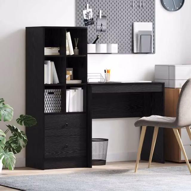 Set di scrivania e scaffali moderni vidaXL in rovere e nero, L: 125,5 cm, P: 40 cm, H: 127 cm