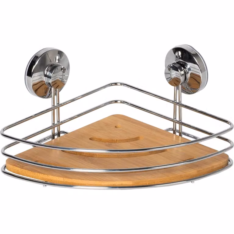 Mensola Angolare con Ventosa VESTIAMO CASA Linea Bamboo, Colore Marrone e Argento, H 11,5 x L 26 x P 20 cm