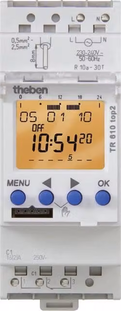 Orologio digitale a 2 canali schiacciabile TR 610 top2 Theben bianco per guida DIN