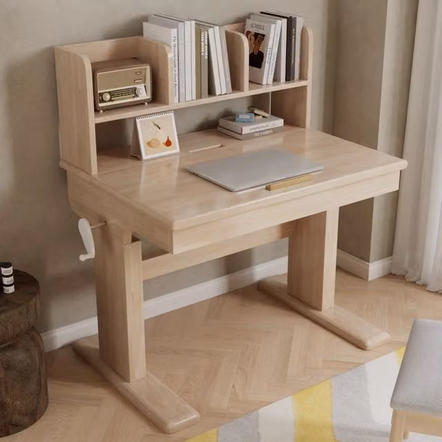 Scrivania per bambini OKWISH in legno naturale beige con altezza regolabile e piano inclinabile L: 92,2 cm, P: 60 cm, H: 89 cm