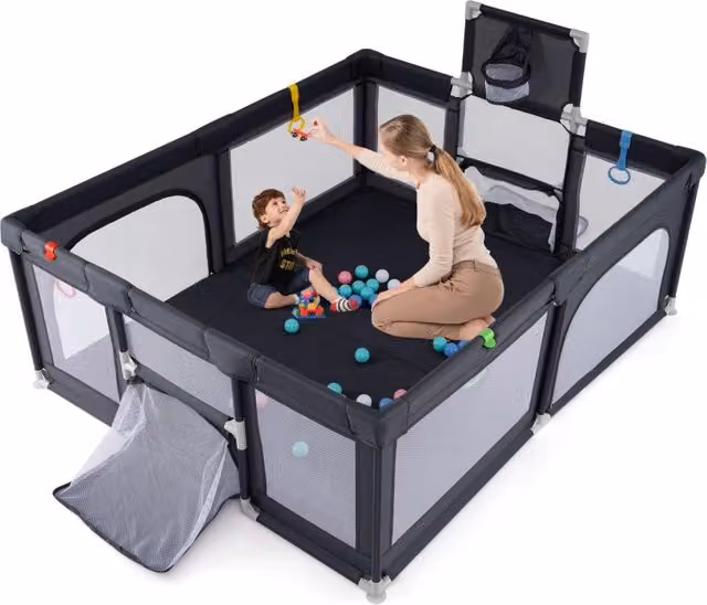 Recinto da gioco per bambini pieghevole con porta a cerniera, rete traspirante e canestro da basket, Grigio antracite, L: 188 cm, P: 157 cm, H: 69 cm