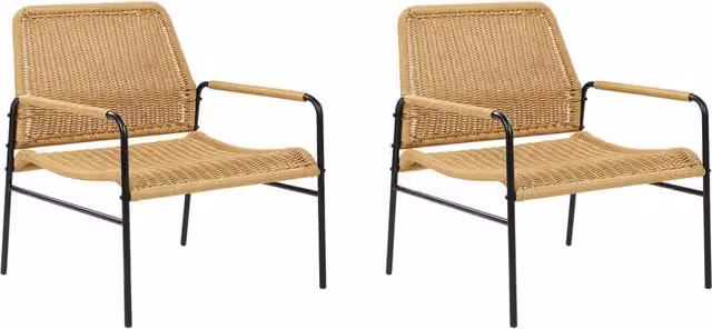 Set di 2 sedie da giardino Beliani in polyrattan marrone con struttura in metallo nero e braccioli dal design boho moderno