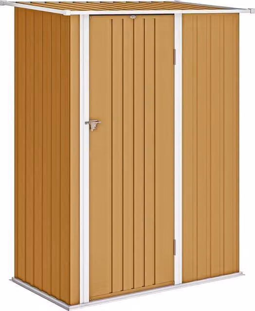 Casetta da Giardino Outsunny in Metallo con Tetto Inclinato e Porta Bloccabile, Giallo, L 142 cm x P 86 cm x H 189 cm