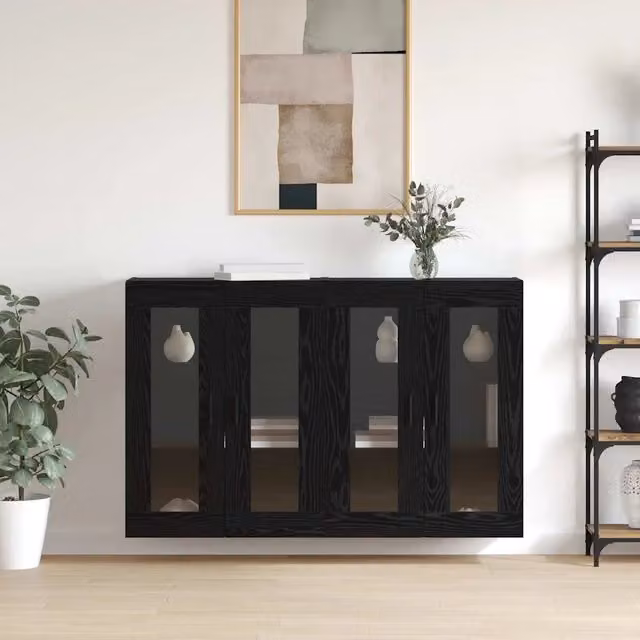 Set di 2 armadi da muro moderni vidaXL in legno e vetro nero opaco L: 69,5 cm, P: 34 cm, H: 90 cm