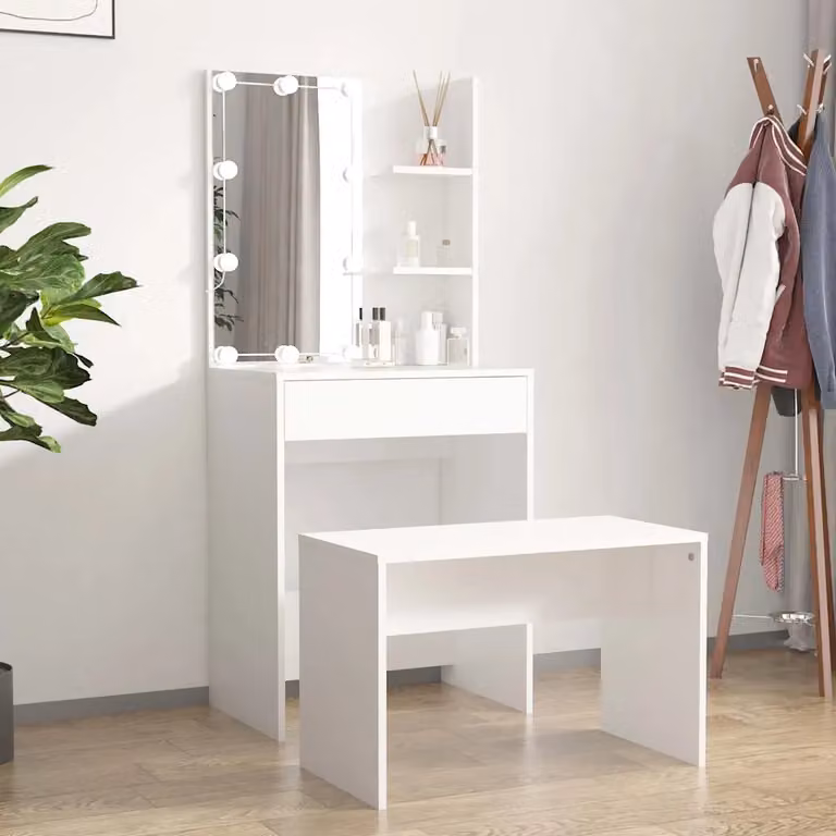 vidaXL Set Tavolo da Toeletta Hollywood LED Bianco in Legno Multistrato L: 140 cm, P: 40 cm, H: 60 cm