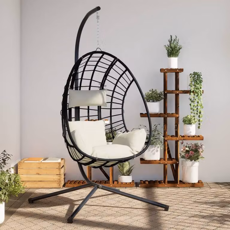 vidaXL Sedia a Uovo Sospesa con Supporto in Polyrattan e Acciaio, Colore Beige, H 197 x L 104 x P 100 cm