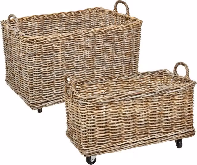 Set di 2 scatole BELIANI in rattan naturale e legno beige con ruote e manici, stile bohémien per camera o soggiorno, L: 36 cm, P: 35 cm, H: 14 cm