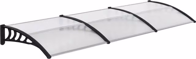 Tettoia da parete Outsunny in alluminio e policarbonato per balconi, finestre e porte, L: 303 cm, P: 96 cm, H: 27 cm, Nero e Trasparente