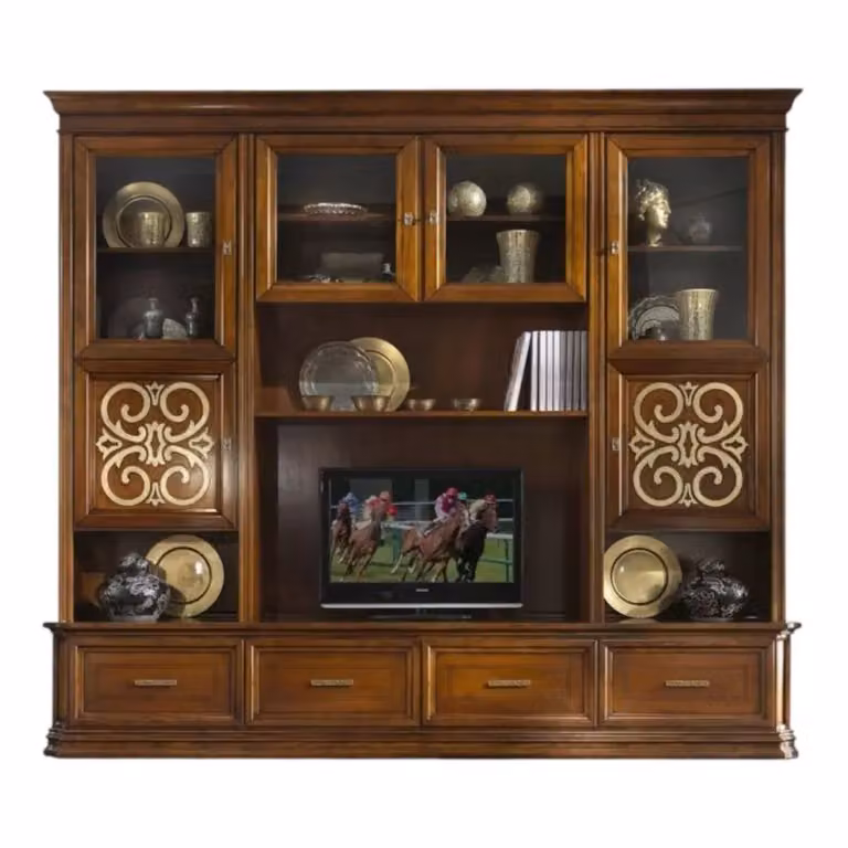 Parete attrezzata classica in legno noce e dettagli oro Mobili 2G L/P/H: 281 x 55 x 245 cm