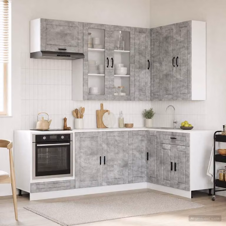 Unità Cucina Angolare vidaXL PORTO 8 Pezzi Grigio Cemento e Legno con Ante in Vetro
