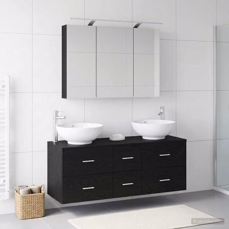 Set di mobili da bagno moderno vidaXL composto da 4 pezzi con armadietto specchio a LED e mobile lavabo in nero opaco