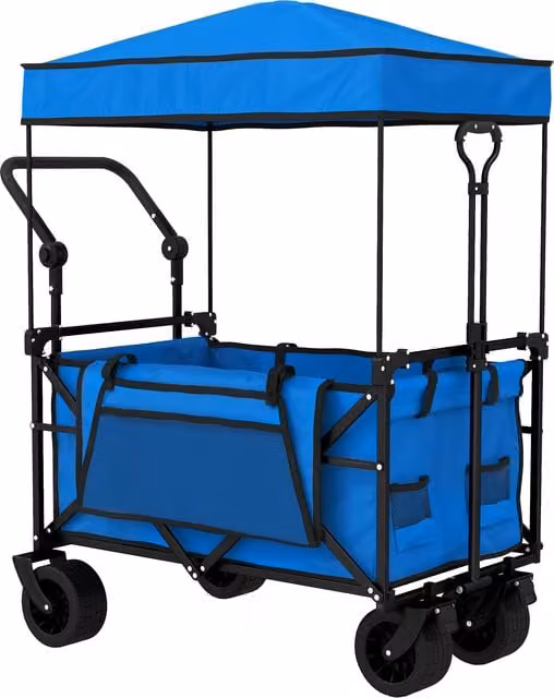 Outsunny Carrello da Giardino Pieghevole con Grandi Ruote Bloccabili e Portabicchieri, Blu, L 125 x P 59 x H 133 cm