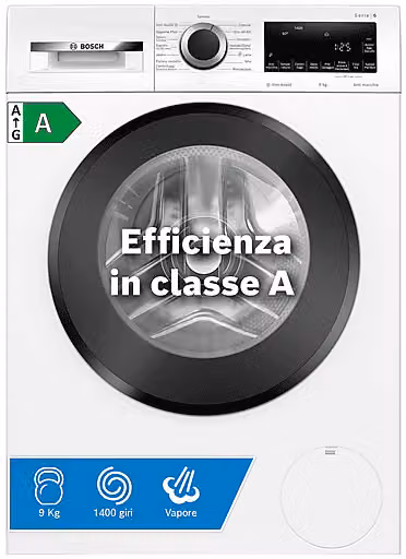 Lavatrice Bosch Serie 6 Caricamento Frontale 9 kg 1400 rpm Classe A Bianca L/P/H: 84.8 x 59.8 x 58.8 cm