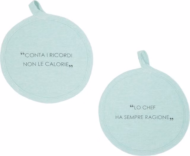 Set di 2 presine tonde Kasanova in cotone verde con scritta Quotes, diametro 17 cm