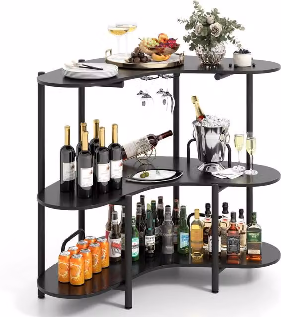 Tavolo da bar in stile industriale con 3 ripiani e struttura in metallo nero opaco, Altezza: 102 cm, Diametro: 90 cm