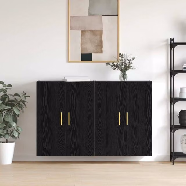 Set di 2 mobiletti a muro moderni vidaXL in legno color rovere nero opaco, L: 69,5 cm, P: 34 cm, H: 90 cm