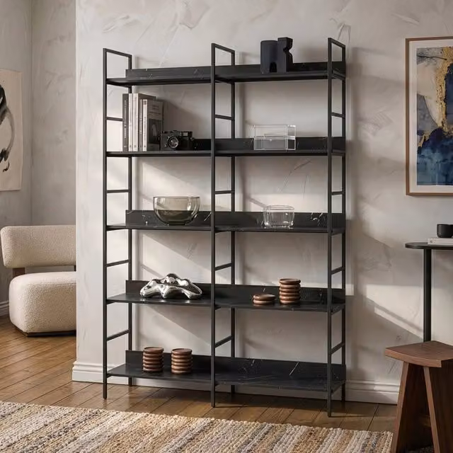 Libreria Noskik en.casa con ripiani, design moderno nero con effetto marmo, H: 180 cm, L: 120 cm, P: 30 cm
