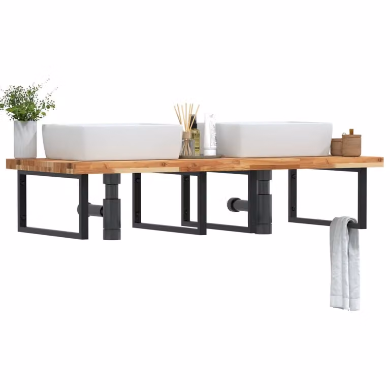 Ripiano a parete per lavabo vidaXL in legno di acacia oliato e metallo nero e marrone L: 60 cm, P: 4 cm, H: 60 cm