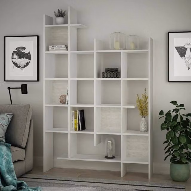 Libreria Achela moderna in MDF bianco per ufficio e soggiorno L: 122 cm, P: 25,5 cm, H: 188 cm