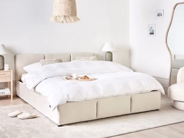 Letto Ottomano Beliani in Velluto Beige con Contenitore e Testiera Imbottita L/P/H: 160 x 200 x 126 cm