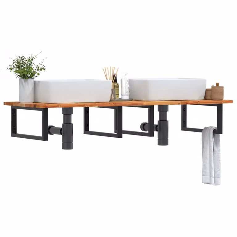 vidaXL Ripiano da parete per lavabo moderno in legno di acacia oliato e metallo nero, L: 50 cm, P: 22 cm, H: 5 cm