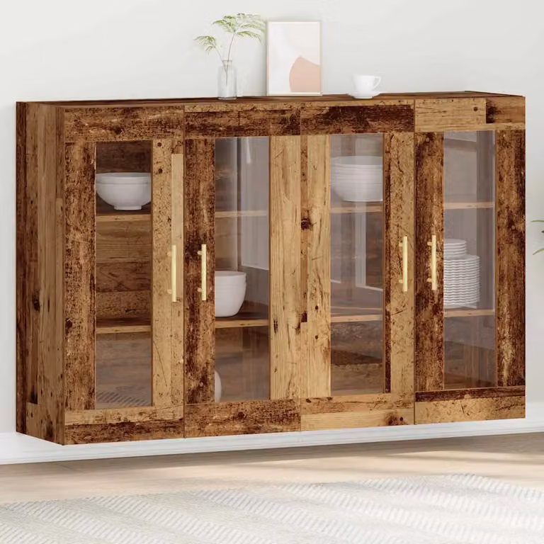 Set di 2 armadi da parete vidaXL in legno vecchio e vetro marrone con ante in vetro, L/P/H: 69,5 x 34 x 90 cm
