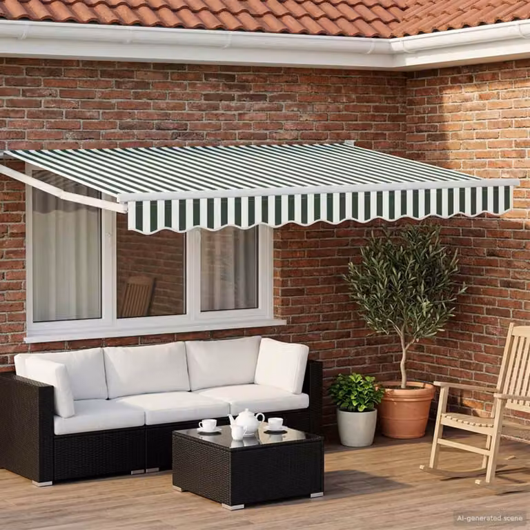 Tettuccio elettrico retrattile vidaXL con bracci pieghevoli in alluminio e tessuto in poliestere, Verde e Bianco, L: 3 m x P: 2,5 m