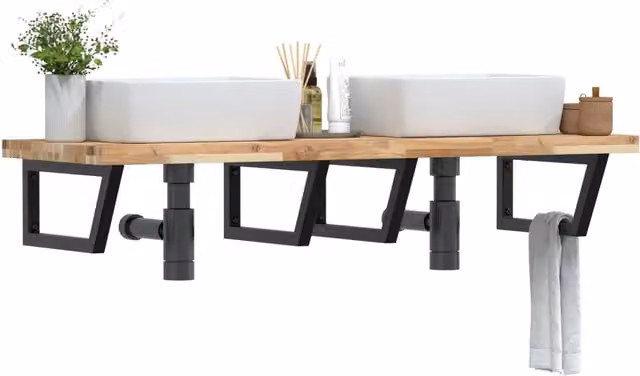 Ripiano a parete per lavabo vidaXL in metallo nero e legno di acacia marrone