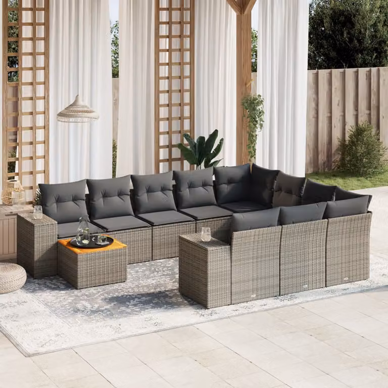 vidaXL Set Divani da Giardino 11 pz a Forma di L in Polyrattan Grigio con Cuscini e Tavolino